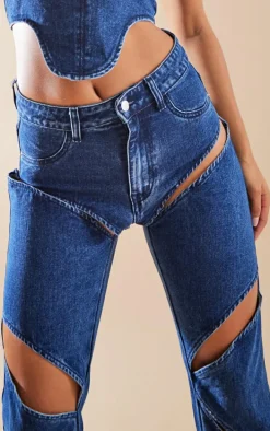 Dark Blue Wash Cut Out Thigh Straight Leg Jeans
