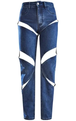 Dark Blue Wash Cut Out Thigh Straight Leg Jeans