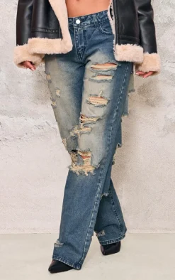 Dark Blue Wash Extreme Distressed Wide Leg Jeans