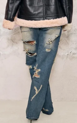 Dark Blue Wash Extreme Distressed Wide Leg Jeans