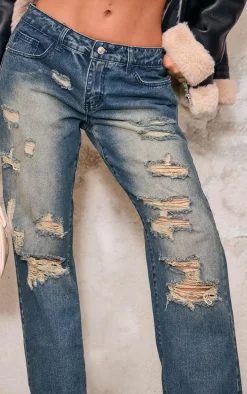 Dark Blue Wash Extreme Distressed Wide Leg Jeans