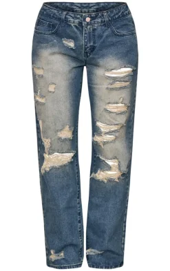 Dark Blue Wash Extreme Distressed Wide Leg Jeans