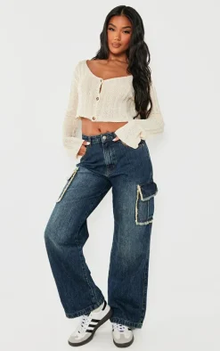 Dark Blue Wash Frayed Seam Cargo Pocket Boyfriend Jeans