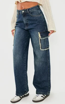 Dark Blue Wash Frayed Seam Cargo Pocket Boyfriend Jeans
