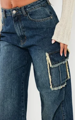 Dark Blue Wash Frayed Seam Cargo Pocket Boyfriend Jeans
