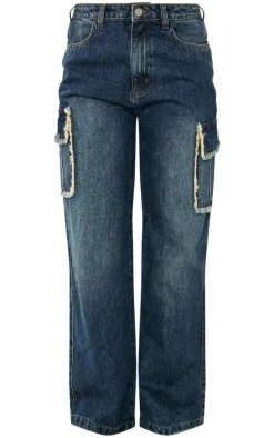 Dark Blue Wash Frayed Seam Cargo Pocket Boyfriend Jeans