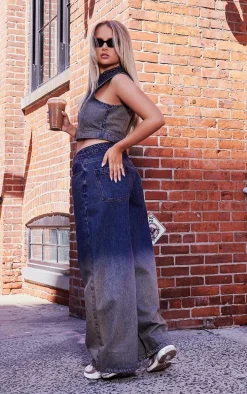 Dark Blue Wash Ombre Low Rise Wide Leg Jeans