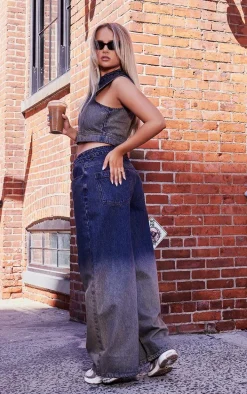 Dark Blue Wash Ombre Motorcross Denim Top