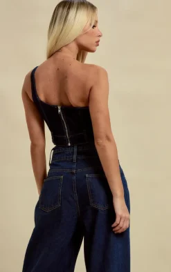 Dark Blue Wash One Shoulder Waistband Hem Denim Top