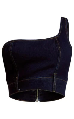 Dark Blue Wash One Shoulder Waistband Hem Denim Top