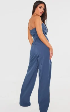 Dark Blue Woven Belted Bandeau Wide Leg Jumpsuit