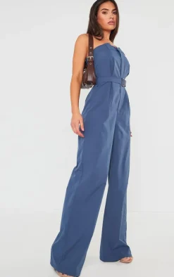 Dark Blue Woven Belted Bandeau Wide Leg Jumpsuit