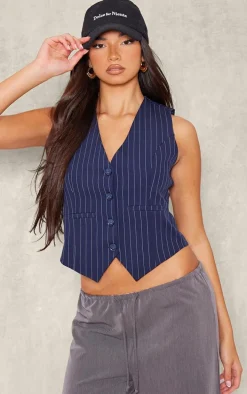 Dark Blue Woven Striped Fitted Vest