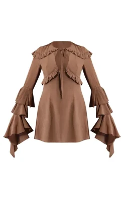 Dark Brown Chiffon Ruffle Detail Long Sleeve A-line Shift Dress