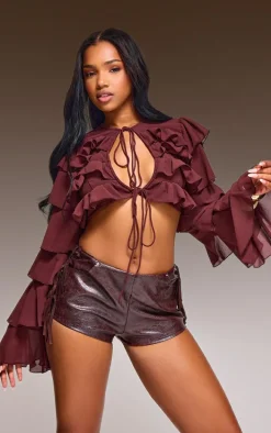 Dark Brown Chiffon Ruffle Tie Detail Crop Top