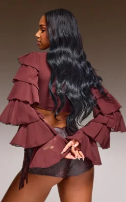 Dark Brown Chiffon Ruffle Tie Detail Crop Top