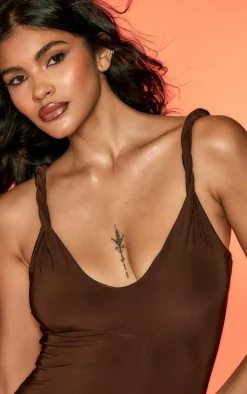 Dark Brown Double Layer Slinky Twist Detail Midaxi Dress