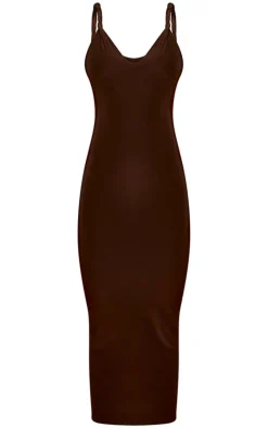 Dark Brown Double Layer Slinky Twist Detail Midaxi Dress