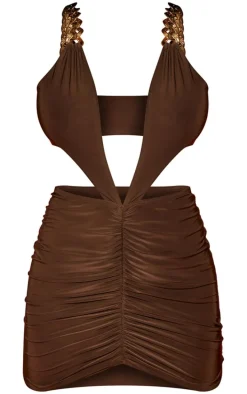 Dark Brown Double Layer Slinky Extreme Plunge Bodycon Dress