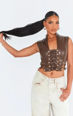 Dark Brown Faux Leather Lace Up Sleeveless Crop Top