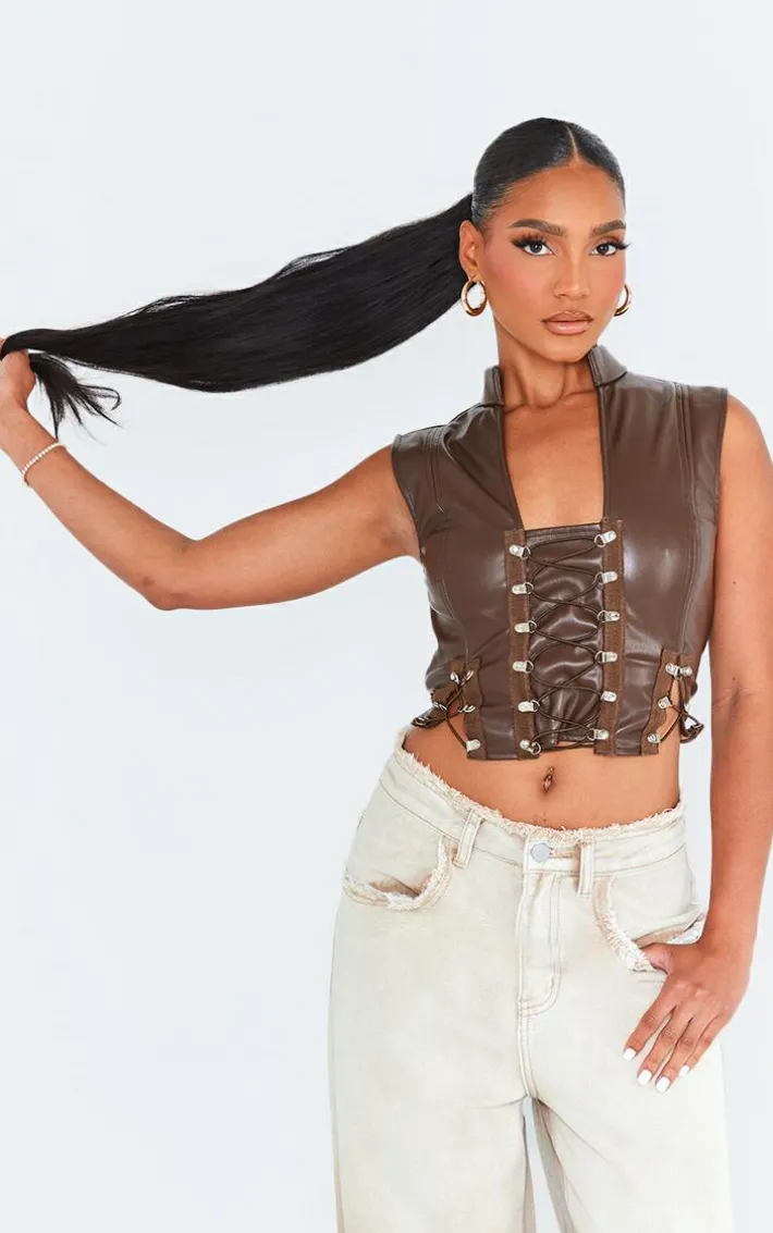Dark Brown Faux Leather Lace Up Sleeveless Crop Top