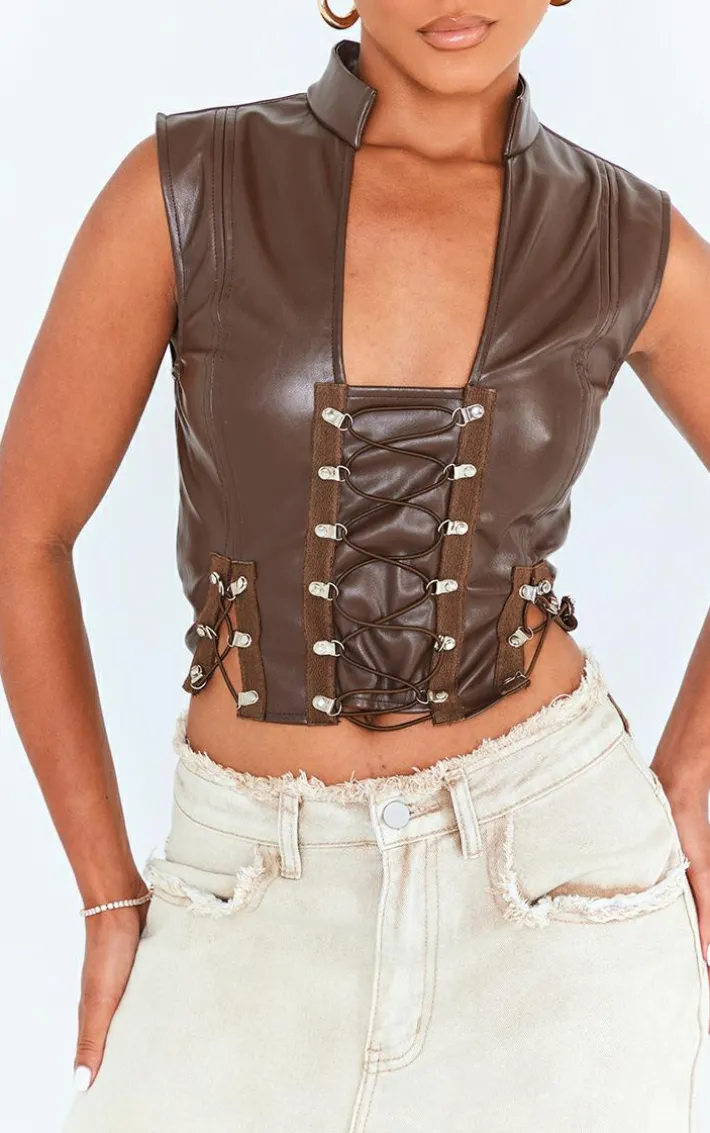 Dark Brown Faux Leather Lace Up Sleeveless Crop Top