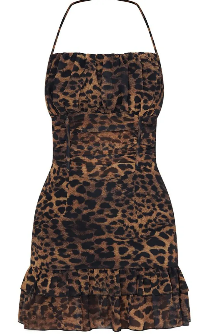 Dark Brown Leopard Print Woven Halterneck Frill Hem Bodycon Dress