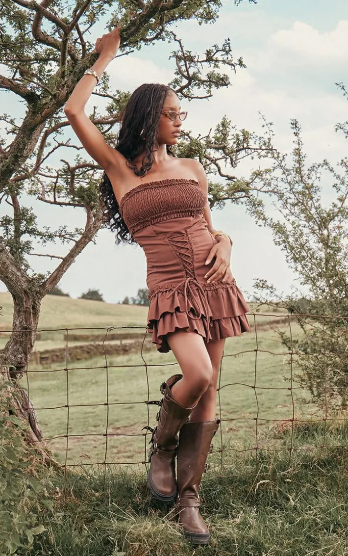 Dark Brown Linen Look Corset Ruffle Detail Bodycon Dress
