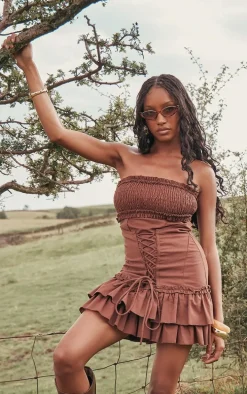 Dark Brown Linen Look Corset Ruffle Detail Bodycon Dress