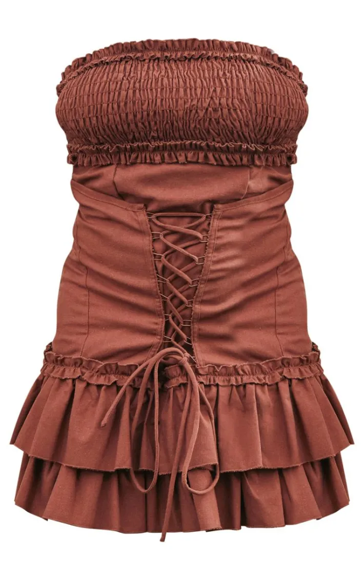 Dark Brown Linen Look Corset Ruffle Detail Bodycon Dress
