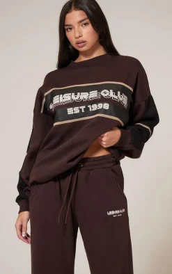 Dark Brown Print Embroidered Leisure Club Sweatshirt