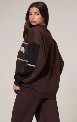 Dark Brown Print Embroidered Leisure Club Sweatshirt