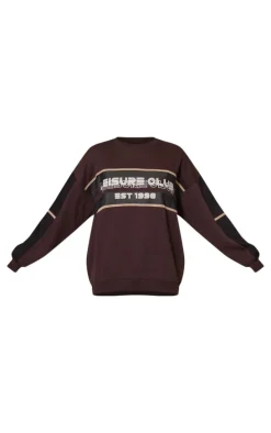 Dark Brown Print Embroidered Leisure Club Sweatshirt