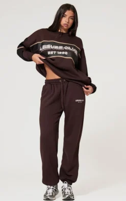 Dark Brown Print Embroidered Leisure Club Wide Leg Sweatpants