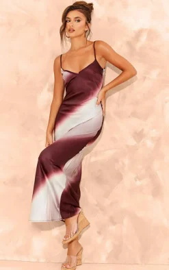 Dark Brown Striped Ombre Print Satin Cami Maxi Dress