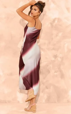 Dark Brown Striped Ombre Print Satin Cami Maxi Dress