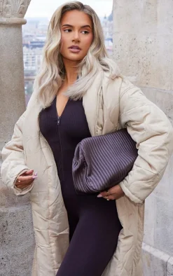 Dark Brown Structured Snatched Rib Short Sleeve Jumpsuit