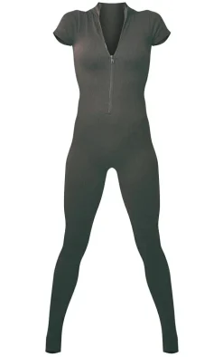 Dark Brown Structured Snatched Rib Short Sleeve Jumpsuit