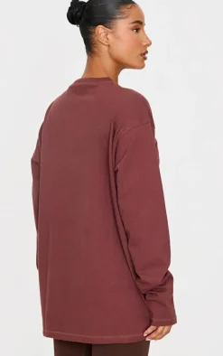 Dark Burgundy Print Oversized Long Sleeve T-Shirt