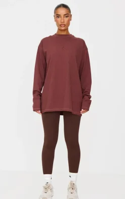 Dark Burgundy Print Oversized Long Sleeve T-Shirt