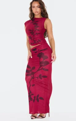 Dark Burgundy Printed Mesh Ruched Long Top