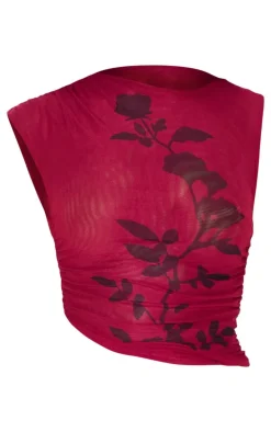 Dark Burgundy Printed Mesh Ruched Long Top