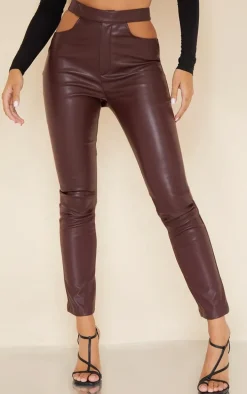 Dark Chocolate Faux Leather Cut Out Detail Skinny Pants