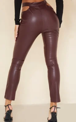 Dark Chocolate Faux Leather Cut Out Detail Skinny Pants