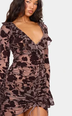 Dark Chocolate Floral Flocked Frill Detail Ruched Bodycon Dress