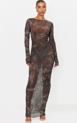 Dark Green Abstract Print Crinkle Mesh Maxi Dress