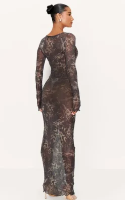 Dark Green Abstract Print Crinkle Mesh Maxi Dress