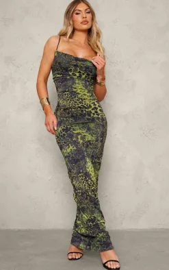 Dark Green Animal Printed Mesh Cowl Neck Maxi Dress