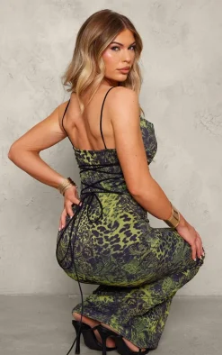 Dark Green Animal Printed Mesh Cowl Neck Maxi Dress