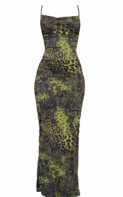 Dark Green Animal Printed Mesh Cowl Neck Maxi Dress